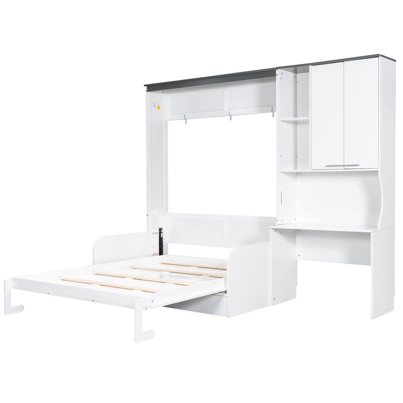 Space-saving Foldable Bed Design Murphy Bed Foldable Platform Bed with Sofa, All-in-one Storage Bookcase Cabinet and Desk
