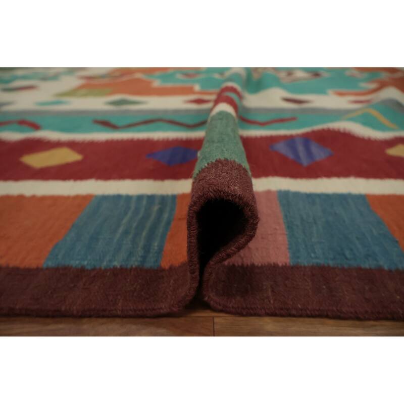 Hand Woven Oriental 100% Wool Carpet Southwestern Tribal Multi-Colored Kilim Area Rug - 14' 3'' X 8' 10''