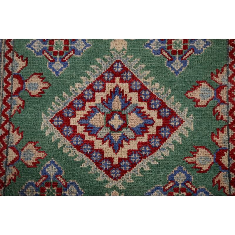 Green Geometric Kazak Oriental Accent Rug Handmade Wool Carpet - 3'4" x 4'10"