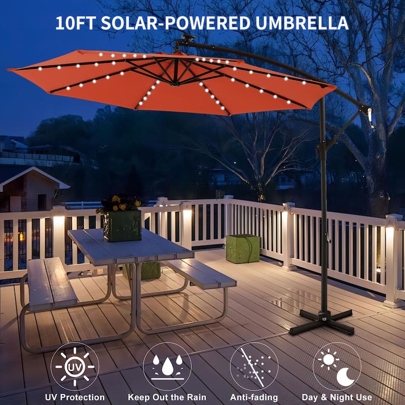 Outdoor Patio 10-Ft Solar LED Offset Hanging Umbrella