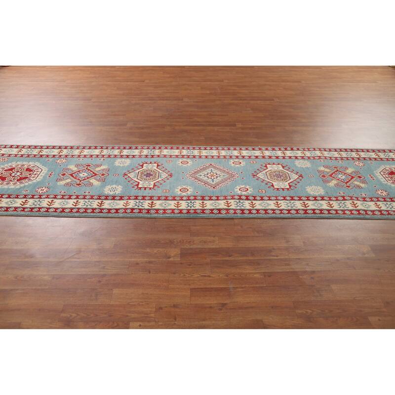 Light Blue Kazak Runner Rug Hallway Hand-Knotted Wool Carpet - 2'10" x 15'2"