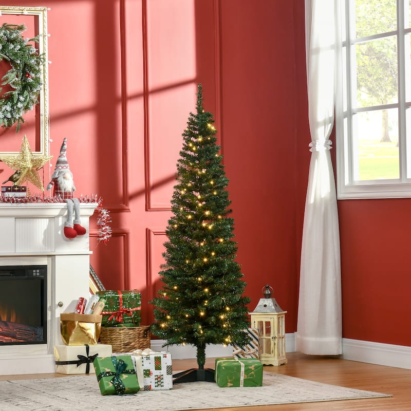 HOMCOM 5ft Tall Pre-Lit Slim Noble Fir Artificial Christmas Tree with Realistic Branches, 110 Warm White LED Lights and 294 Tips - Green