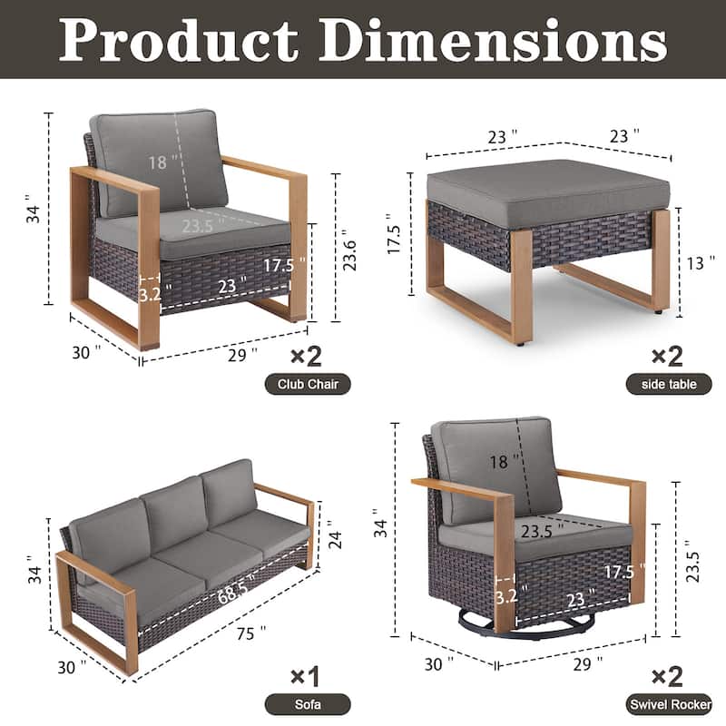 Gymojoy 7 Pieces Patio Sofa with Rattan Swivel Rocking Chair Ottomans Outdoor Conversation Set