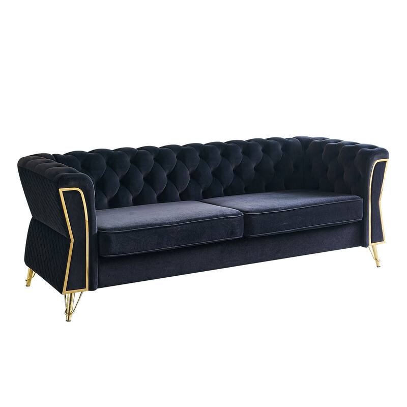 Tufted Velvet Sofa with Golden Metal Frame, Diamond-Stitched Design, and Foam Cushion for Living Room