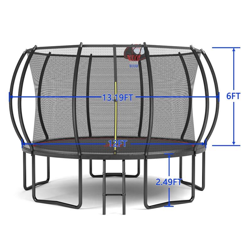 12FT Trampoline Pumpkin, High-Dip Galvanized Frame -Ladder-Black Red