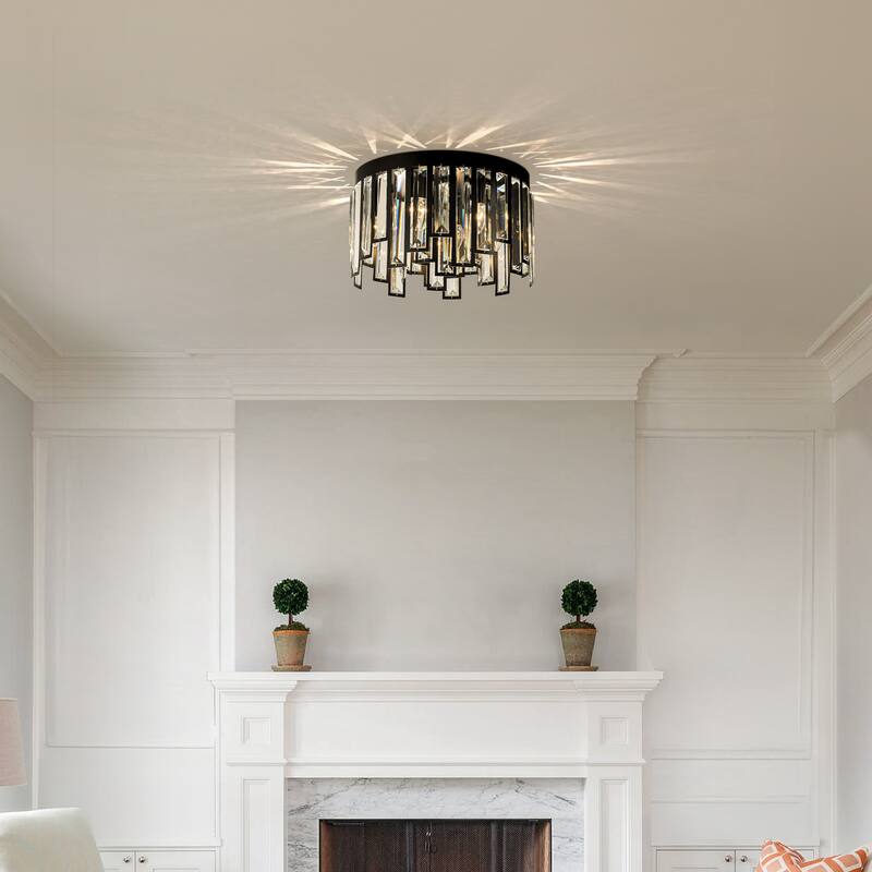 6 Lights Flush Mount Chandelier 16" Matte Black Modern Dimmable Round Ceiling Lamp With Crystal Accents - W16''