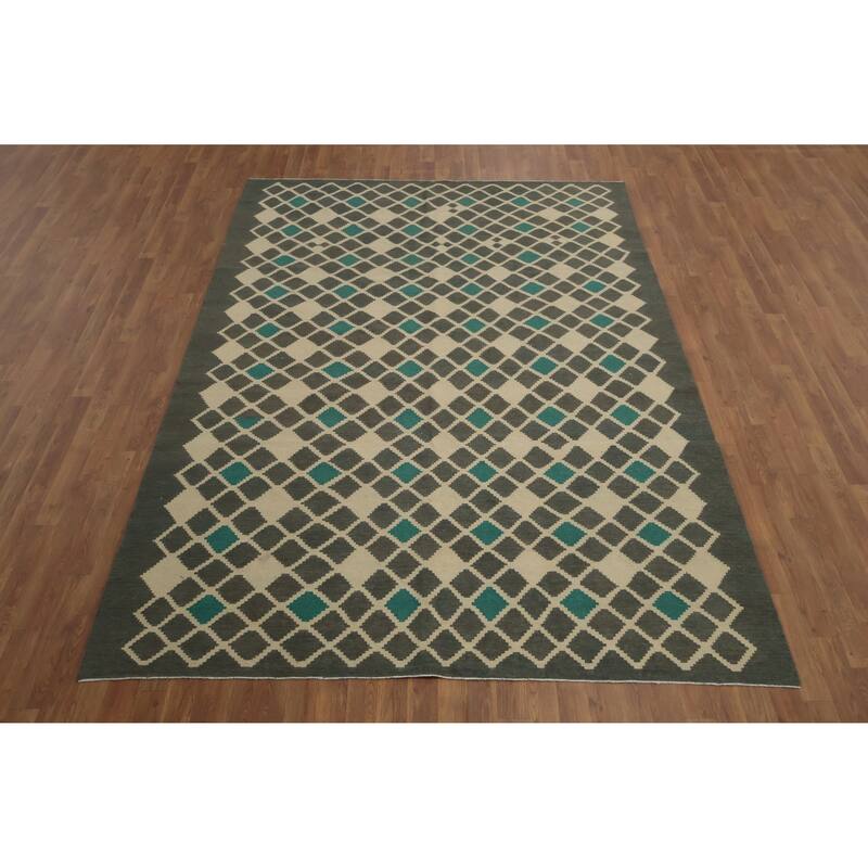 Hand Woven Oriental 100% Wool Carpet Southwestern Tribal Greys & Charcoal Kilim Area Rug - 9' 9'' X 6' 9''