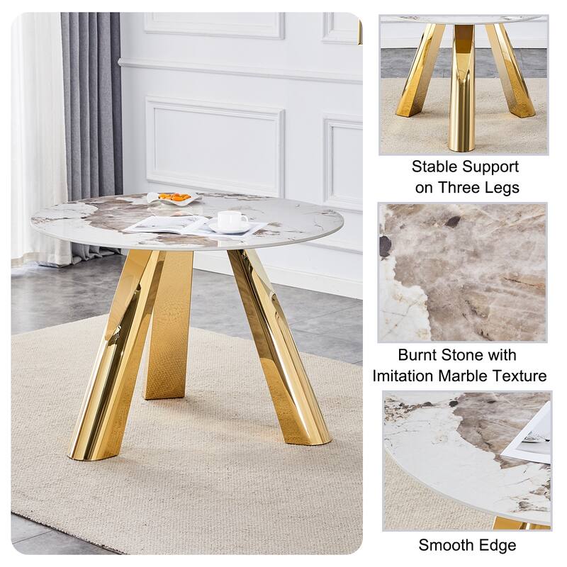 A 42-Inch Round Table with Stainless Steel Legs and a Marble Top, Perfect for 4 to 6 People.