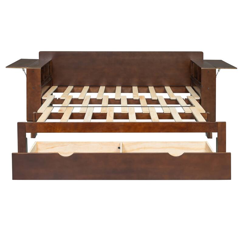 4-in-1 Multifunctional Daybed Storage Bed Frame with Removable Desk, Drawers, Bookcase Shelves and Hydraulic Side Tables