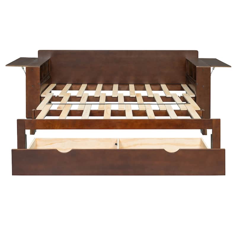 Queen Size 4-in-1 Daybed with Storage Drawers Desk Hydraulic Armrests