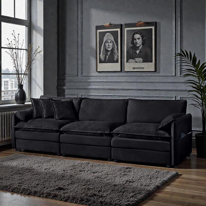 Oversized Deep Seat Sectional Sofa, Modern Chenille Cloud Couch, 3 Seater Modular Sofa with Pillows - Black