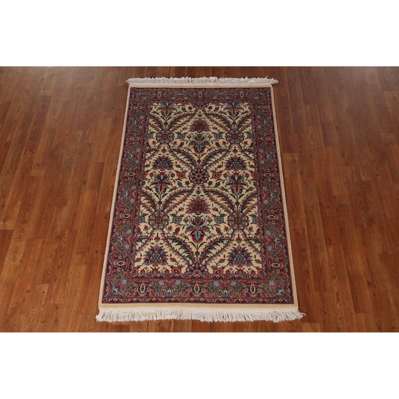 Ivory Floral Aubusson Foyer Rug Hand-Knotted Wool Carpet - 3'1"x 5'0"