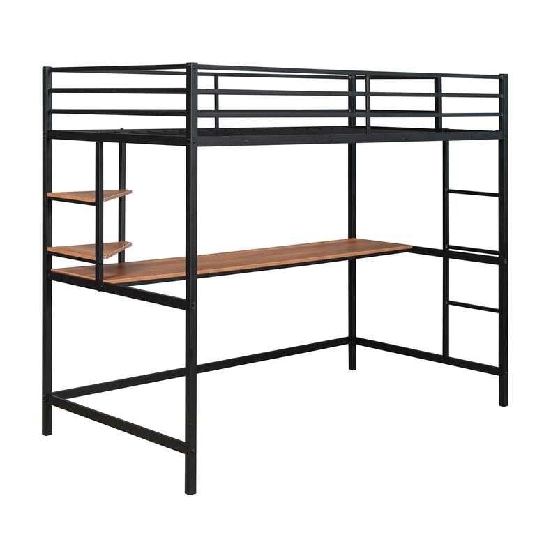 Twin Metal Loft Bed with Desk and Shelves, Space-Saving Design, Sturdy Frame