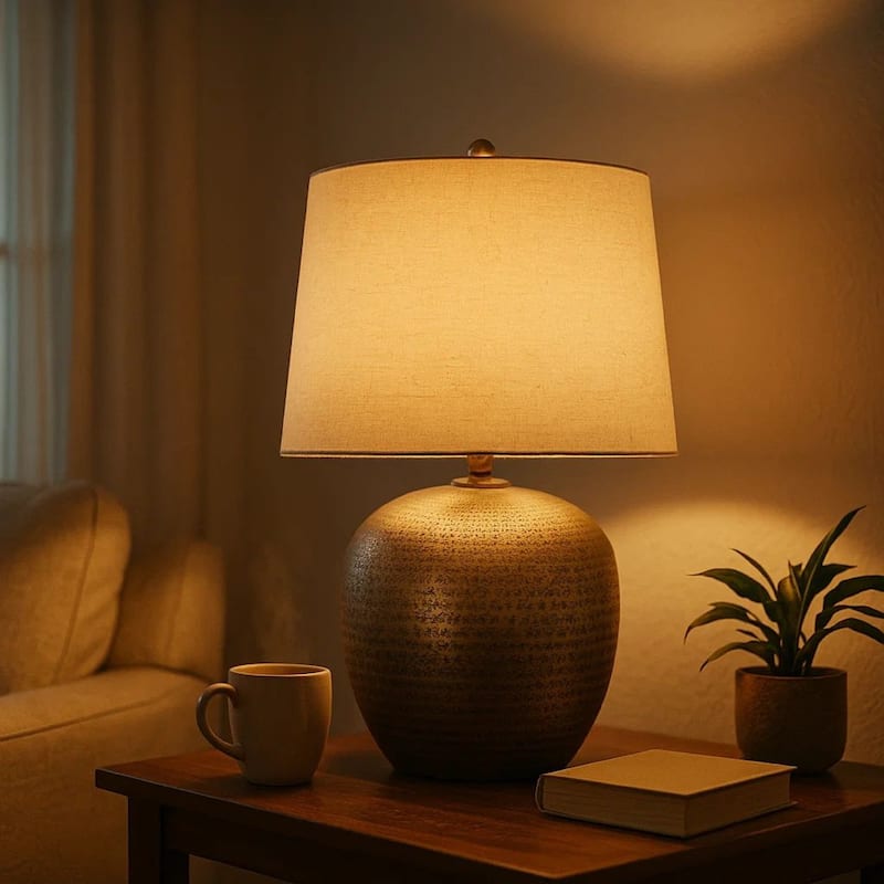Bellied metal Body Table Lamp with Splotched Details, Brass and Cream
