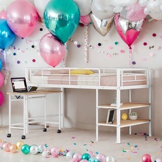 Industrial Modern Twin Size Metal Loft Bed with Desk and Shelves, Sturdy Construction & Safety Guaranteed, Maximized Space
