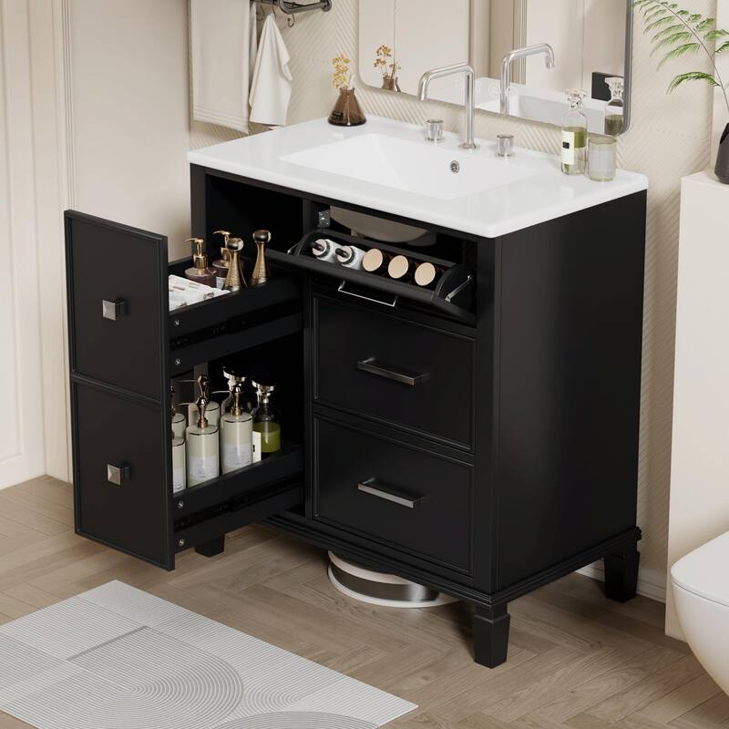 30" Bathroom Vanity with Ceramic Sink, Flip-Out Plumbing Drawer, Soft Close Doors & Drawers