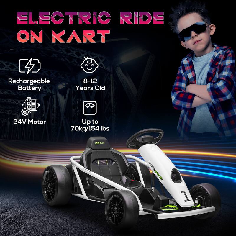 Aosom 24V 8.1 MPH Electric Go Kart, Drifting Car Battery Powered Ride on Toy Outdoor with Slow Start, Music, Horn Honking