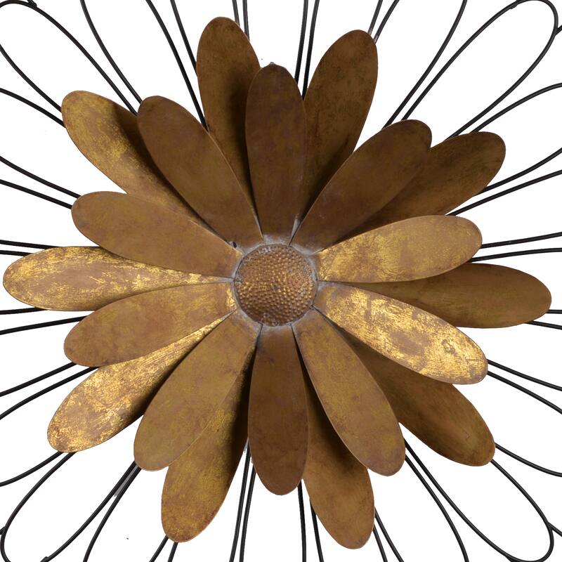 Metal Wall Decor with Wooden Frame and Leafy Flower, Bronze