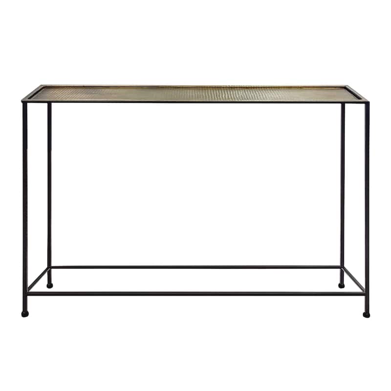 Aurelia 48 Inch Console Sofa Table, Artisanal Hammered Antique Bronze Tray Top, Industrial Black Iron Frame