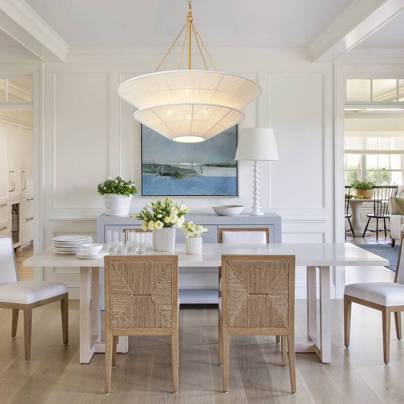 Woven Ivory String 2-Tier Round Shallow Cone Cage Chandelier Brass - 30 Inches