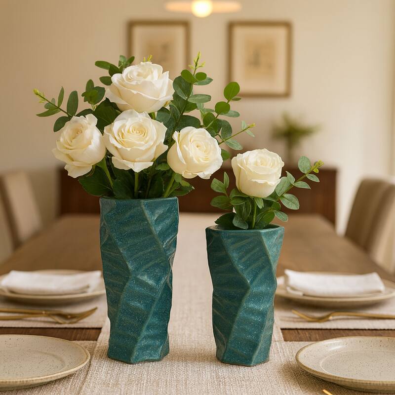 Teal Ceramic Vases Set of 2 with 3D Triangle Pattern and Twist Design