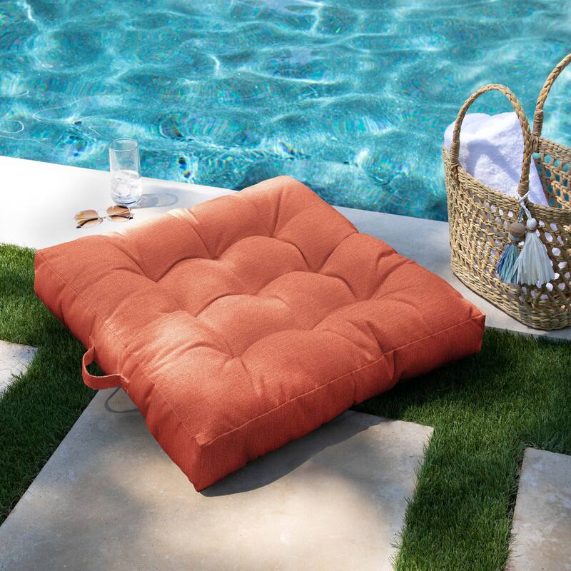Sorra Home Sunbrella Square Tufted Floor Pillow with Handle - Canvas Persimmon