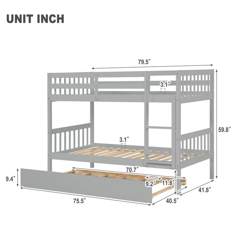 Twin/Full Size Bunk Bed with Trundle, Convertible to 2 Platform Bed