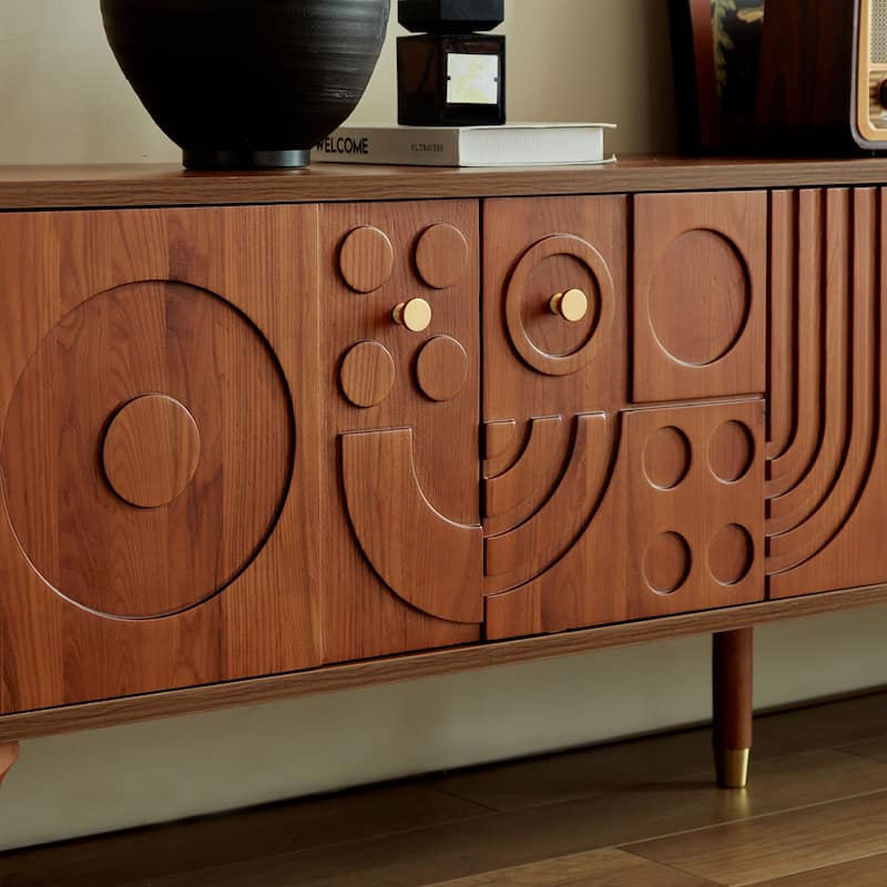 Mid-Century Modern TV Stand-Walnut Entertainment Center with 4 Storage Cabinets, Fits 55+ Inch TVs, Minimalist Design for Living