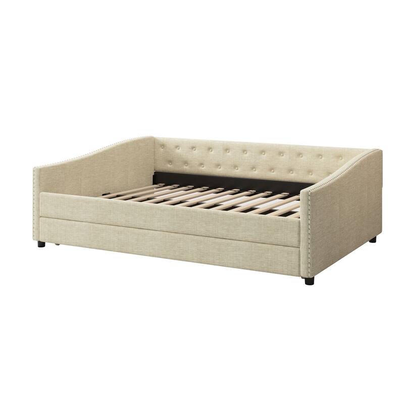 Full Size Upholstered Tufted Daybed with Button on Back and Copper Nail on Waved Shape Arms