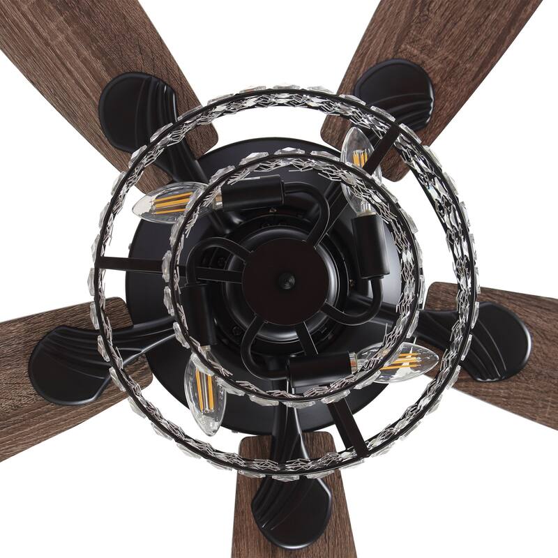 52-in Matte Black Modern Crystal Downrod Mount Fandelier Ceiling Fan with Light and Remote