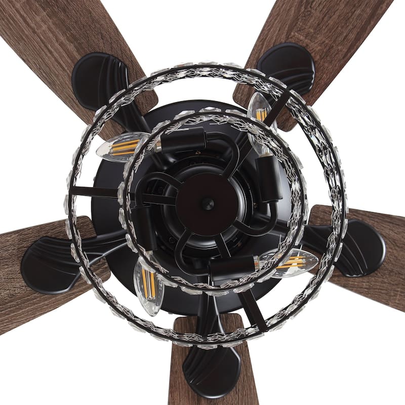 52-inch Matte Black Modern Crystal Downrod Mount Fandelier Ceiling Fan with Light and Remote