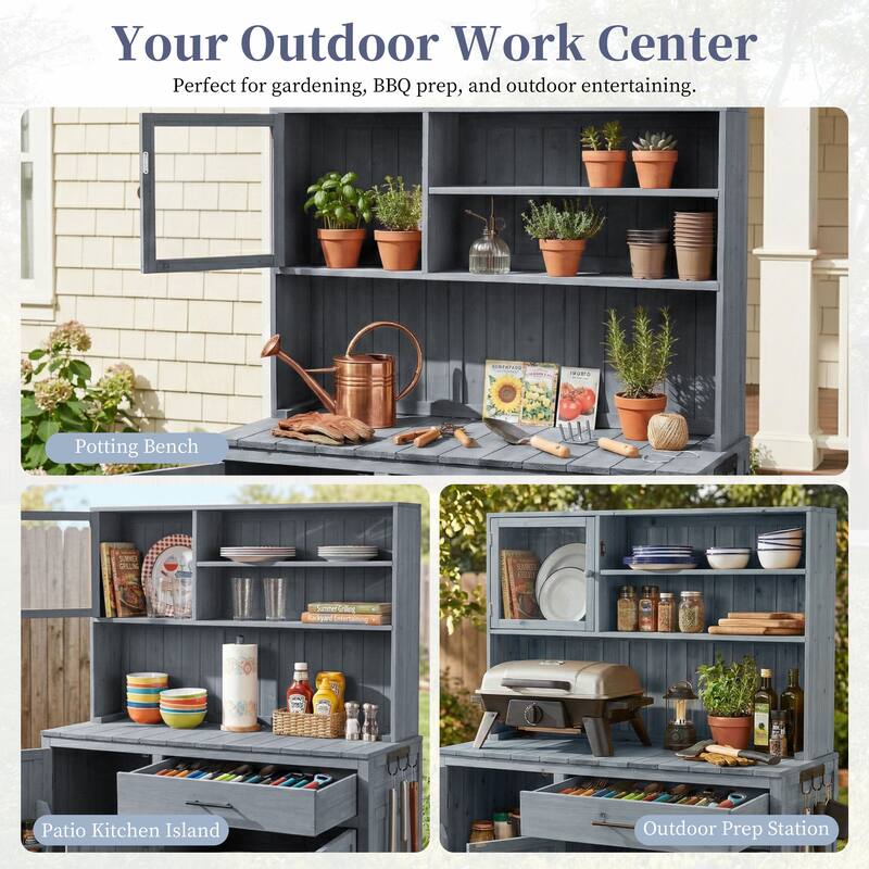 Roomfitters 65" Garden Potting Bench with Storage Hutch, Outdoor Potting Table & Prep Station, Drawer, Cabinet, Shelves