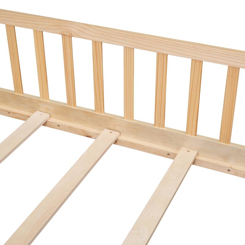 Full size Floor Platform Bed with Fence and Door, White