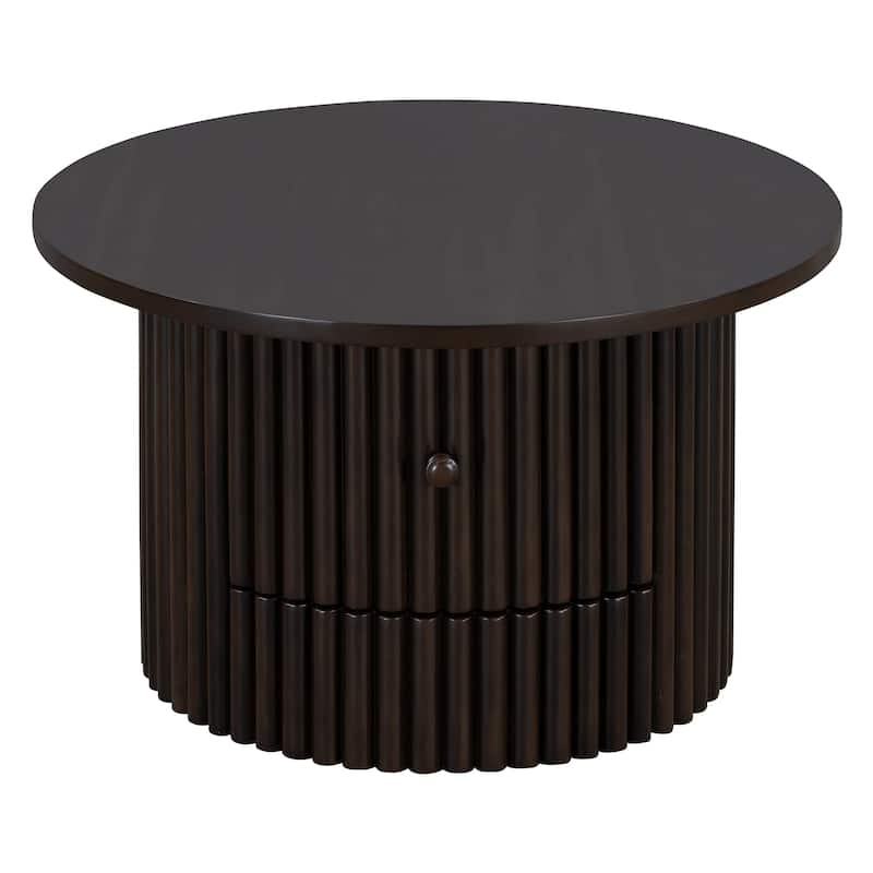 Round Coffee Table for Living Room in Natural, Farmhouse Coffee Table with a Drawer, Center Table with Vertical Slat Base