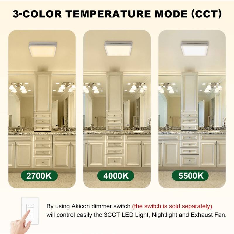 Akicon Bathroom Exhaust Fan with Light, 18W Dimmable 3CCT LED Light with 3.5W Night Light