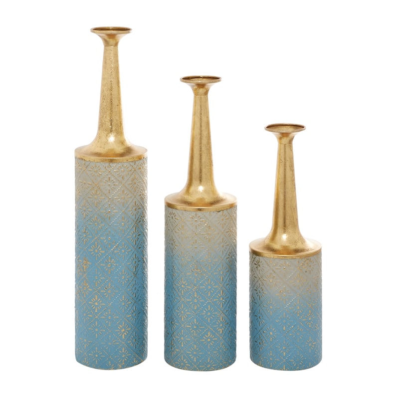 Metal Floral Vase with Gold Top - Set of 3 Blue - Roche River Decor - 6"W x 6"L x 27"H