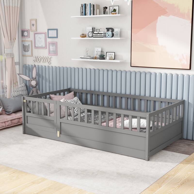 Grey Twin Size Pine Wood Floor Bed with High Security Barrier