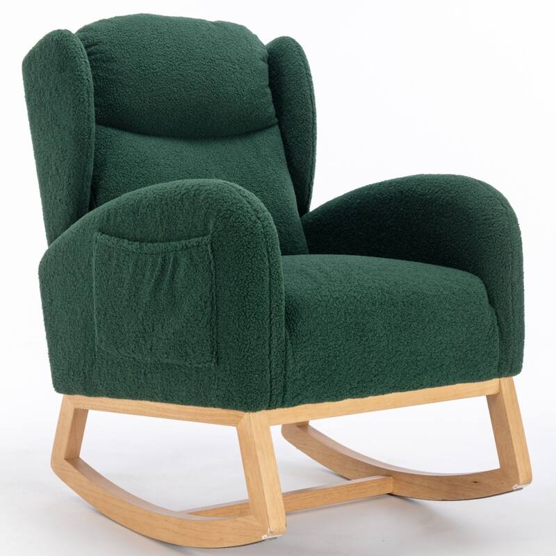 Modern Teddy Fabric Home Rocking Chair with Wood Leg, Tufted High Back
