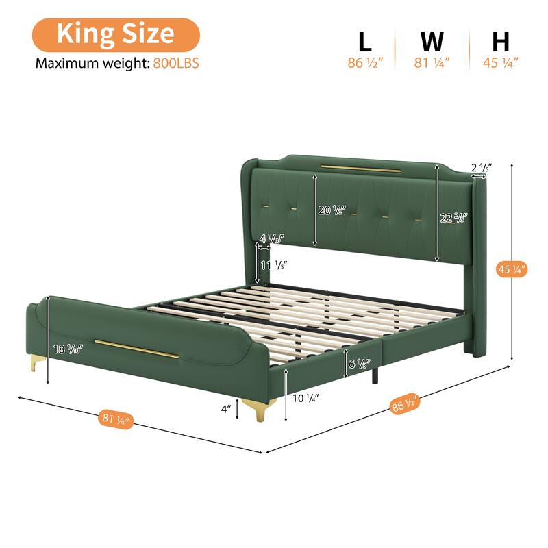 King Size PU Upholstered Platform bed with Wingback Headboard And Footboard