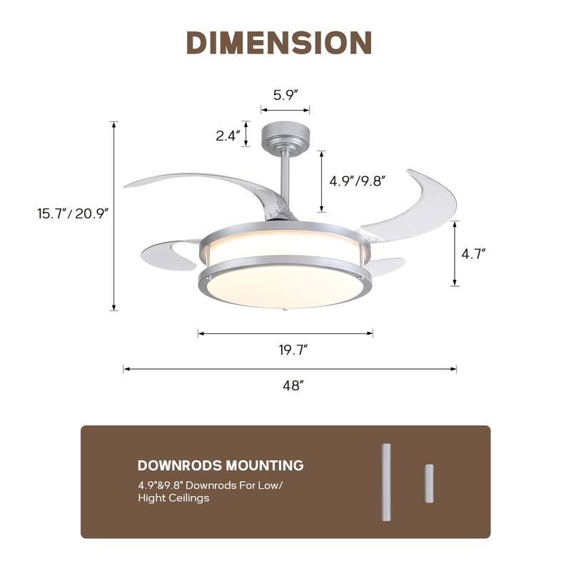 48" Modern Retractable Dimmable LED Chandelier Ceiling Fan with Lights and Remote