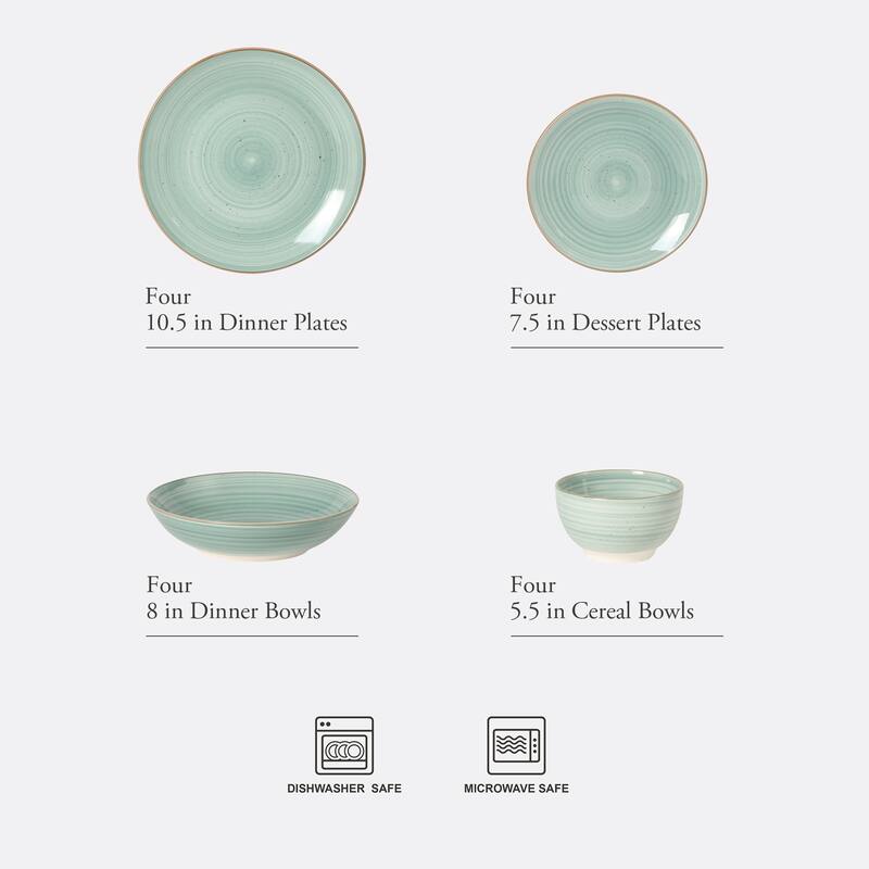 Gibson Home Stonebury 16 Piece Plates and Bowls - Handpainted Stoneware Dinnerware Set - Service for 4