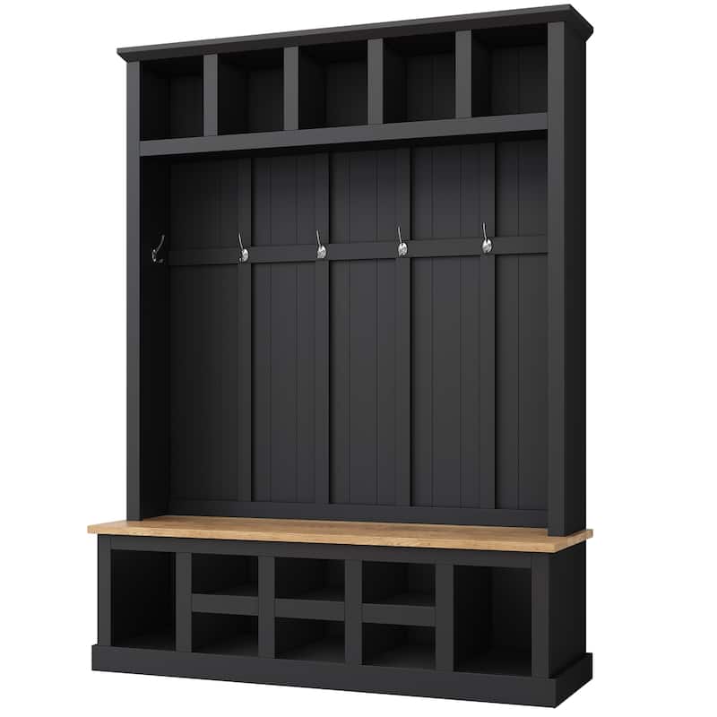 Hall Tree Storage Cabinet with 4 Hidden Hooks, Bench, and Open Compartments