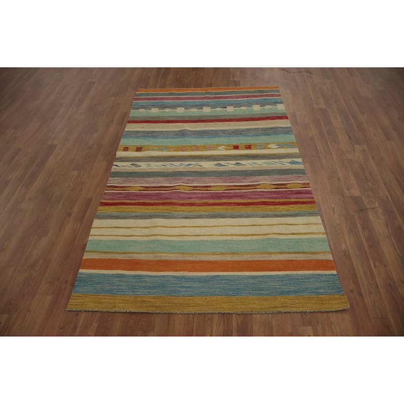 Hand Woven Oriental 100% Wool Carpet Southwestern Modern Multi-Colored Kilim Area Rug - 6' 11'' X 4' 2''