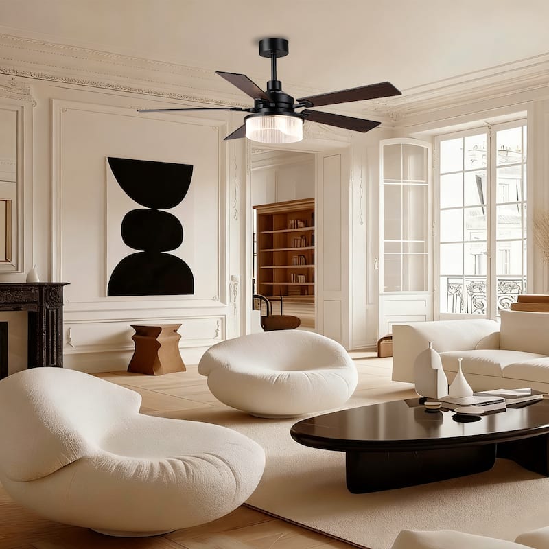 52" Modern Matte Black Reversible 5 Blades Dimmable LED Ceiling Fan with Light and Remote