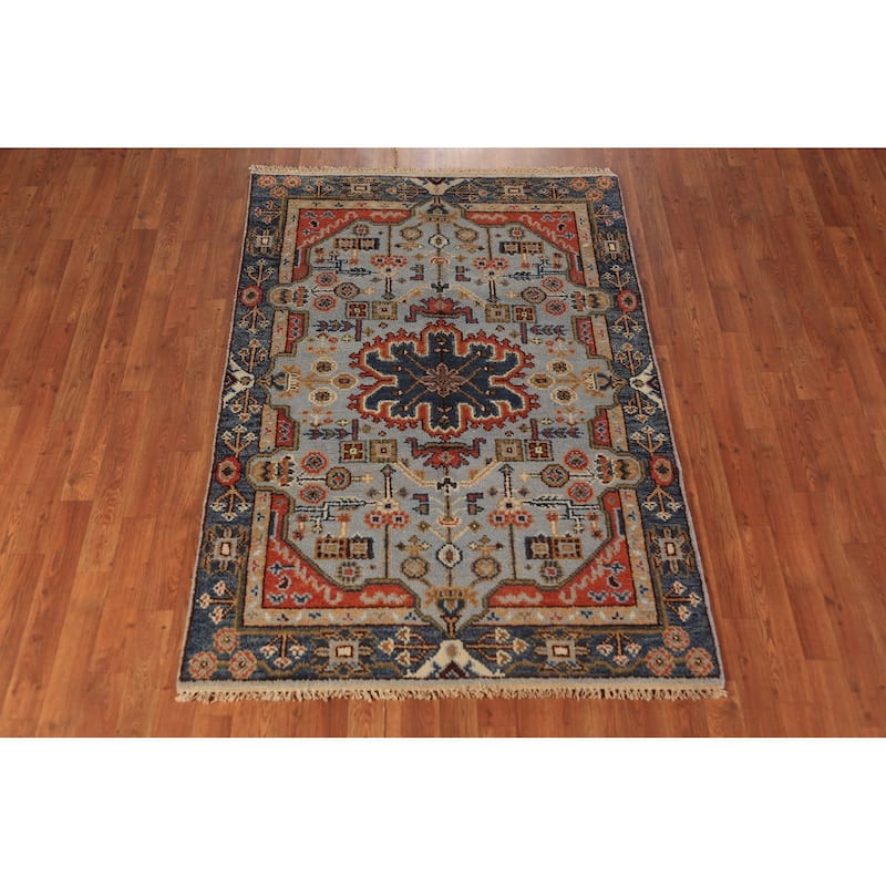 Light Blue Geometric Kazak Oriental Rug Handmade Wool Carpet - 4'0"x 5'9"
