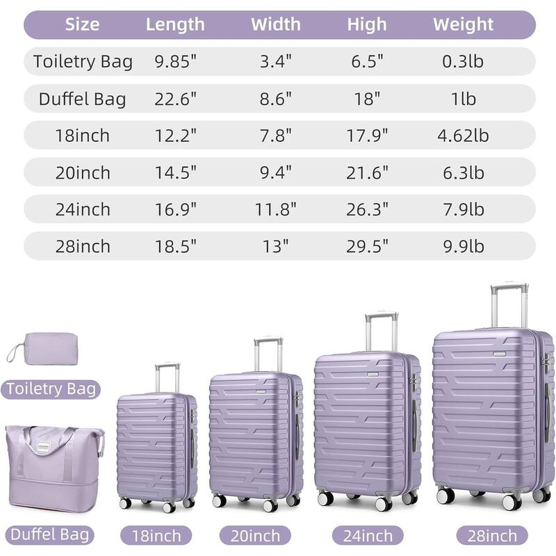 6-Piece Modern Hardshell Expandable Luggage with Travel Bag, Spinner Wheels and TSA Lock, for Boarding Travel, Lavender