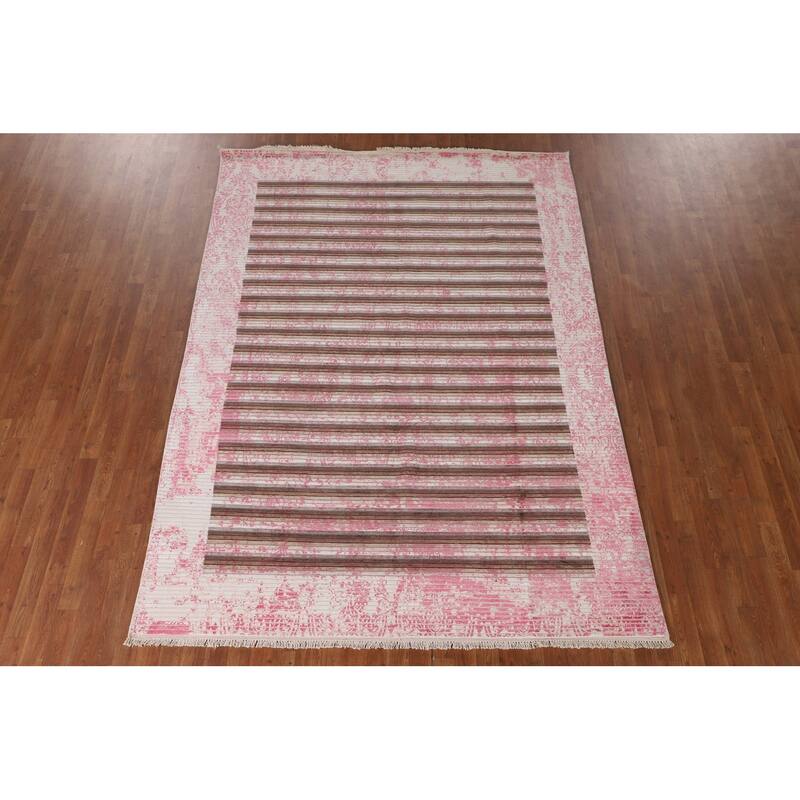 Striped Pink Abstract Area Rug Hand-Knotted Modern Wool Carpet - 6'6"x 9'0"