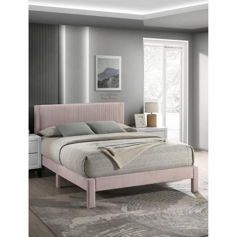 Contemporary Plush Upholstered Ribbed Headboard Low-profile Queen Platform Bed in Pink
