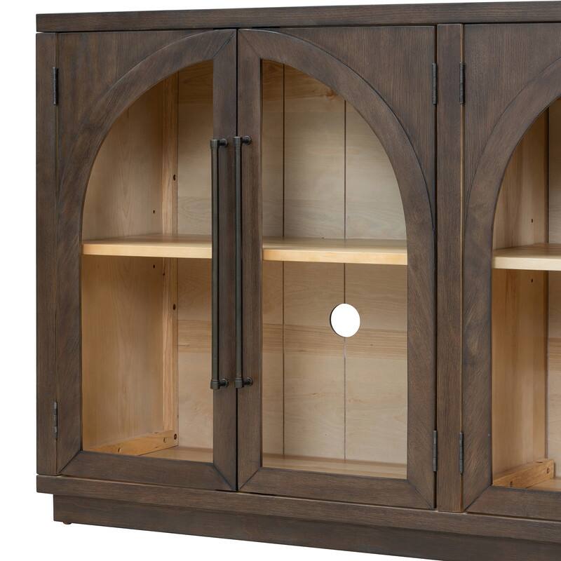 Retro Style Wood Buffet Sideboard with 4 Arched Glass Doors, Kitchen Storage Side Cabinet with Adjustable Shelves