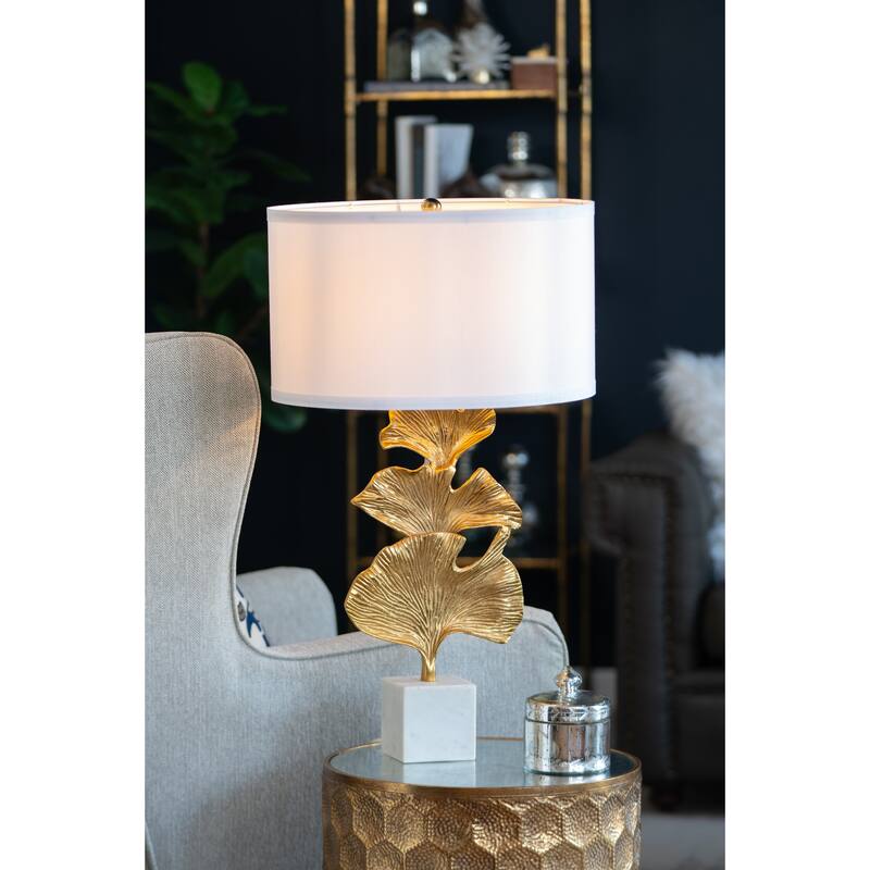 D17x30.2" Gold Ginkgo Leaf Table Lamp with Marble Base and White Drum Shade (Lamp Shade Assembly Required)